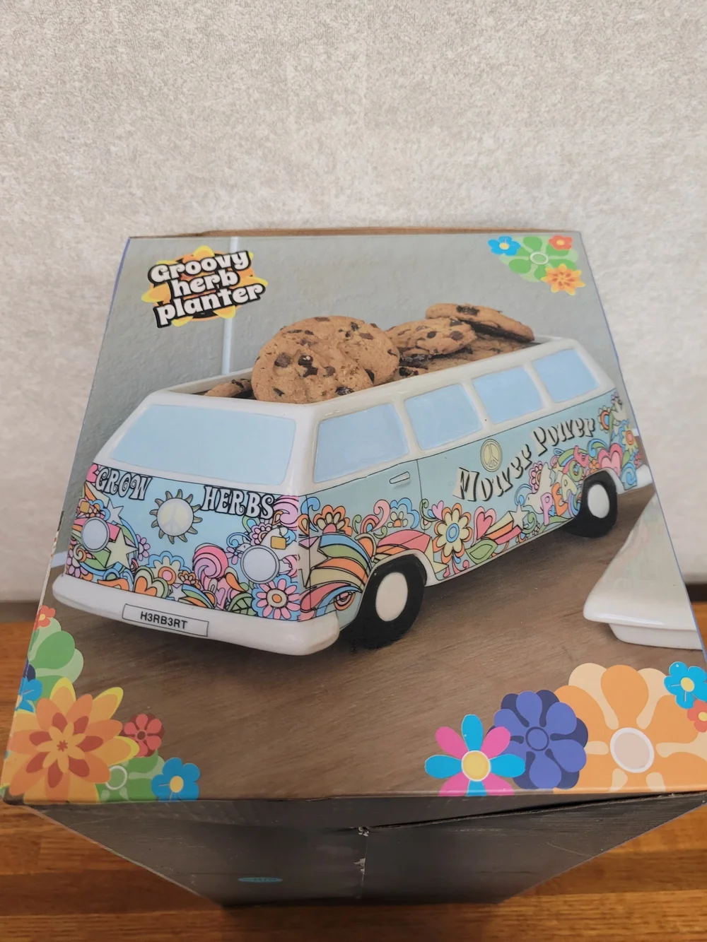 NIB Vintage Ceramic VW Bus Cookie Jar Groovy Hippie Floral Van Canister